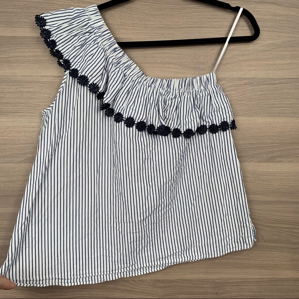LOFT Striped One Shoulder Top Embroidered Ruffle S - Picture 2 of 7